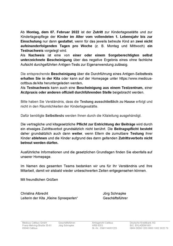 MEDICUS COTTBUS GmbH - Elternbrief